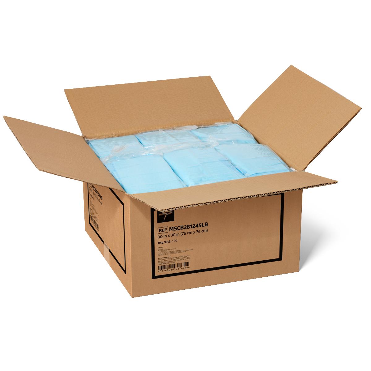 Disposable underpads bulk case open to reveal stacked light blue 30x30 inch pads in clear plastic packaging, quantity 150