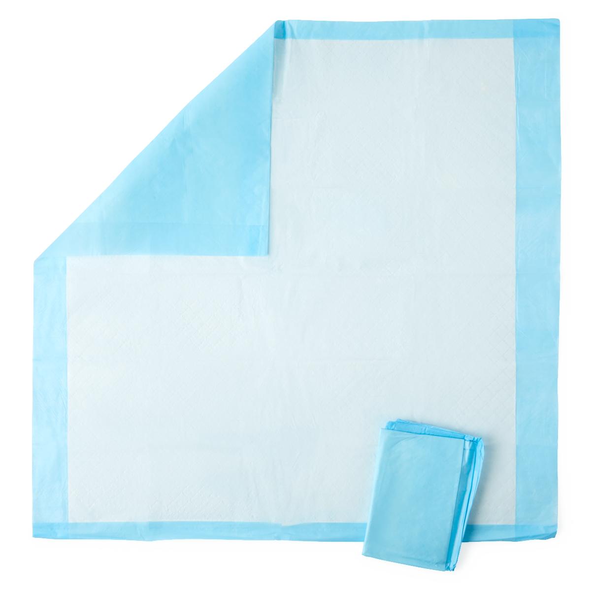 Disposable underpad laid flat showing white absorbent center and blue border, with a folded pad beside it