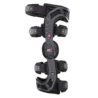 M.4s Comfort knee brace with black carbon-fiber frame, dual hinges, numbered straps, and pink logo accent