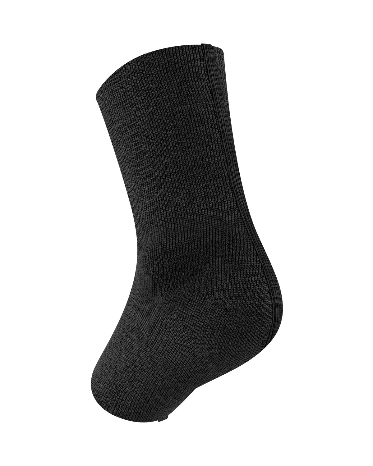 Ankle sleeve in black knit fabric shown on a foot form, covering the ankle and heel with a ribbed cuff top