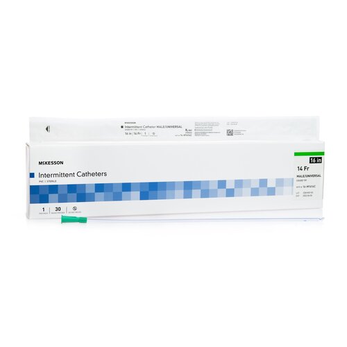 Intermittent catheter in white rectangular packaging with blue accents, labeled 14 Fr male/universal, shown with catheter
