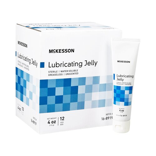 McKesson Lubricating Jelly box of 12 with single 4 oz tube, sterile water-soluble unscented formula in white packaging