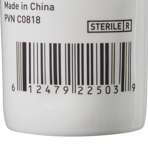 Sterile lubricating jelly bottle bottom showing barcode, sterile symbol, and Made in China label