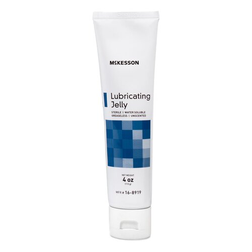 McKesson Lubricating Jelly in a white 4 oz squeeze tube with blue label, sterile water-soluble unscented formula