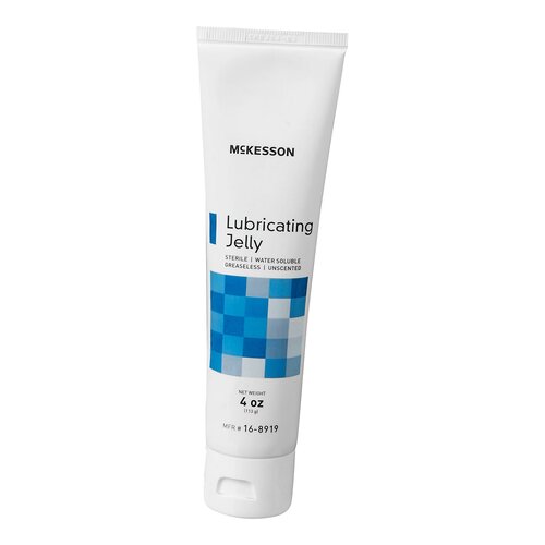 McKesson Lubricating Jelly in a white 4 oz squeeze tube with blue label, sterile water-soluble greaseless unscented formula