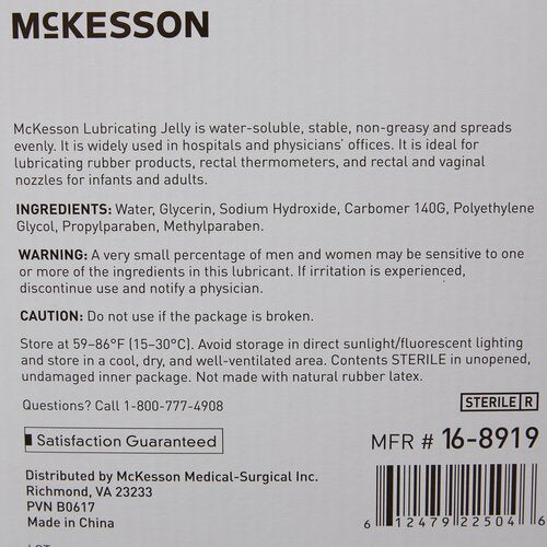 McKesson Sterile Lubricating Jelly box back panel showing ingredients, warnings, cautions, and barcode