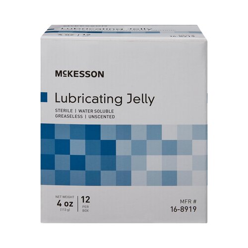 Lubricating jelly box labeled sterile, water soluble, greaseless, and unscented, 4 oz, 12 per box, white and blue packaging