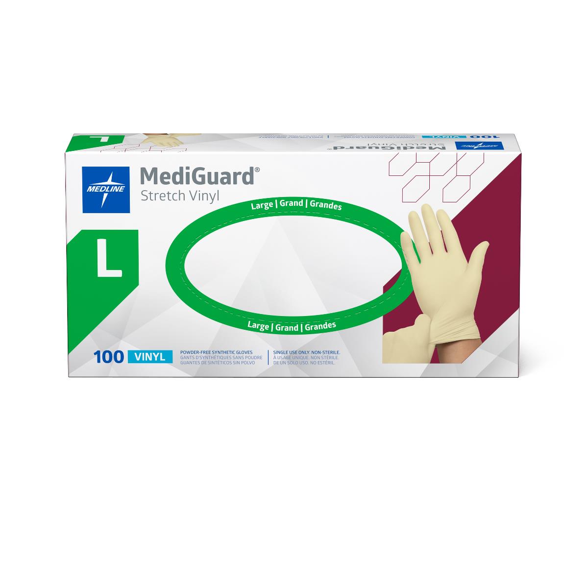 Box of MediGuard Stretch Vinyl powder-free exam gloves, size large, 100 count, with cream-colored glove shown on hand