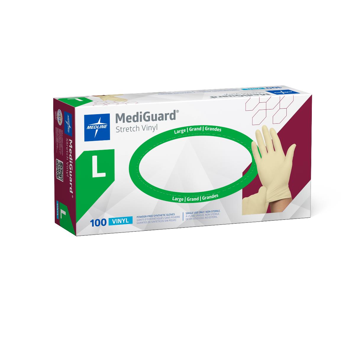Disposable vinyl exam gloves box, MediGuard Stretch Vinyl, size large, 100 count, powder-free, shown with cream-colored