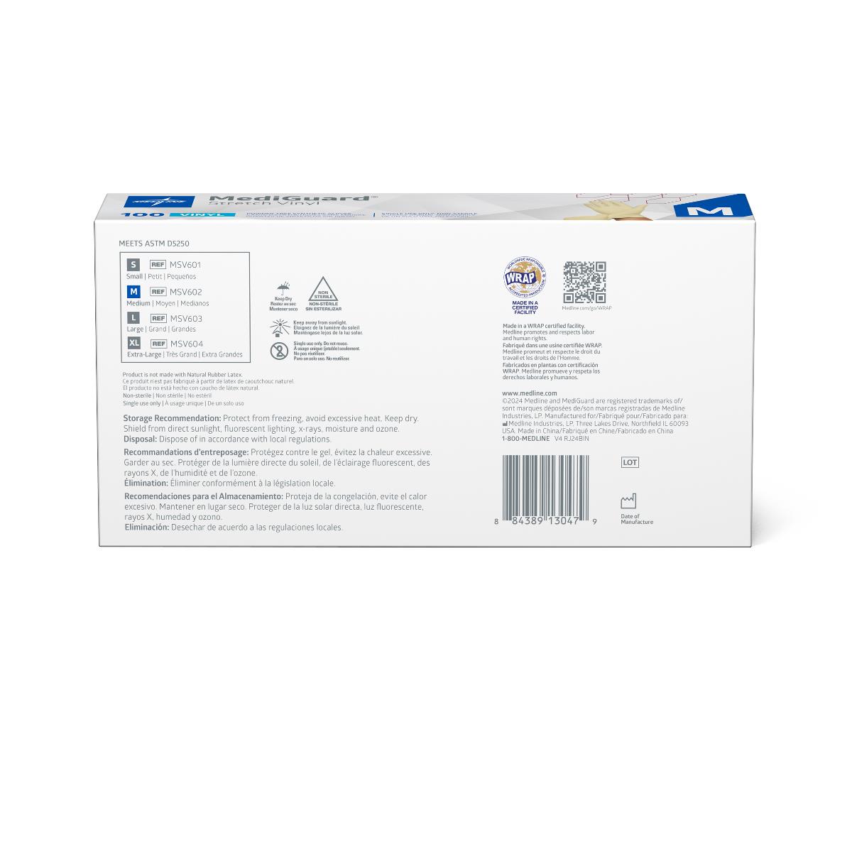 Disposable exam gloves box back panel showing multilingual storage instructions, size chart, barcode, and WRAP certification