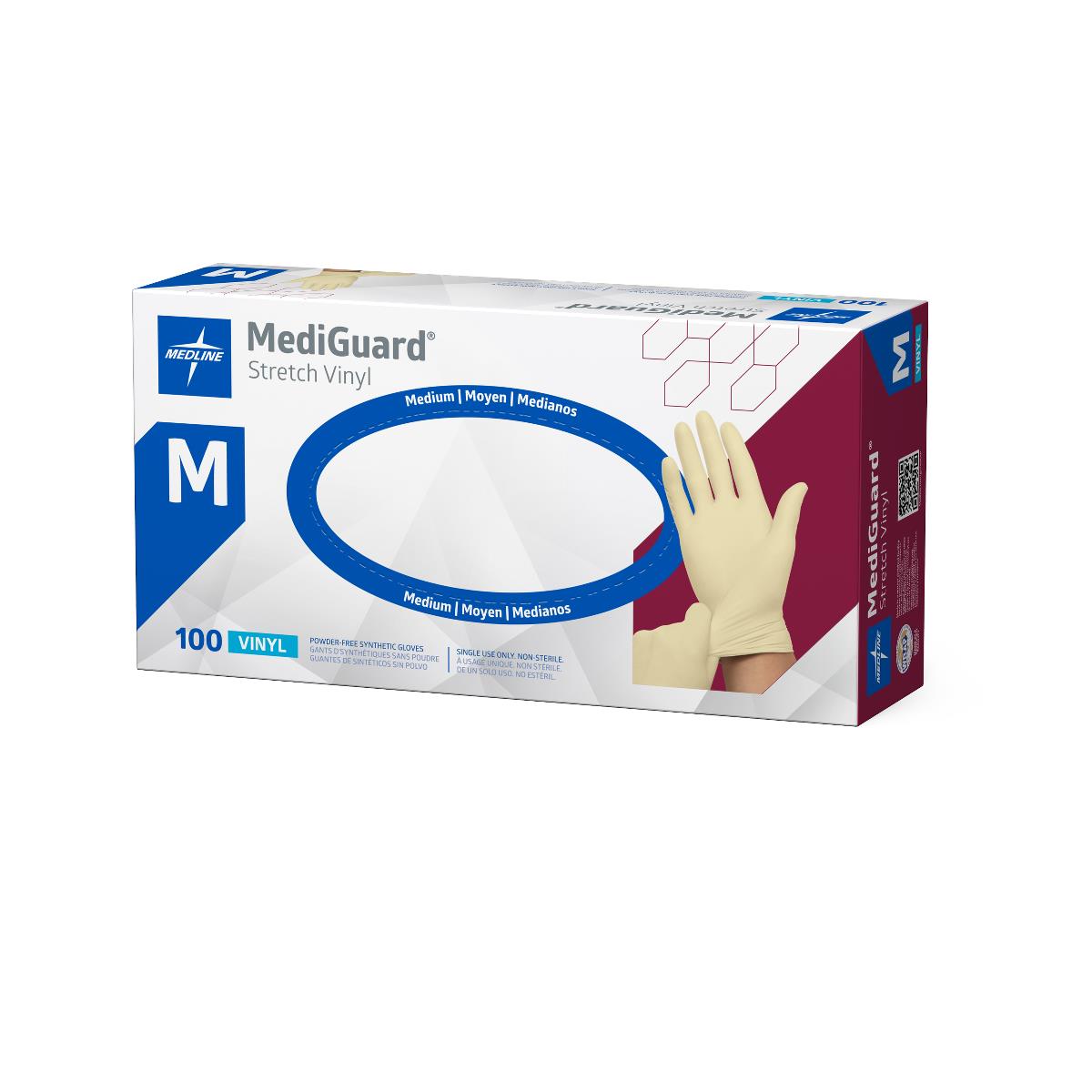 Medline MediGuard Stretch Vinyl disposable gloves box, medium size, 100-count, powder-free, shown with cream-colored glove