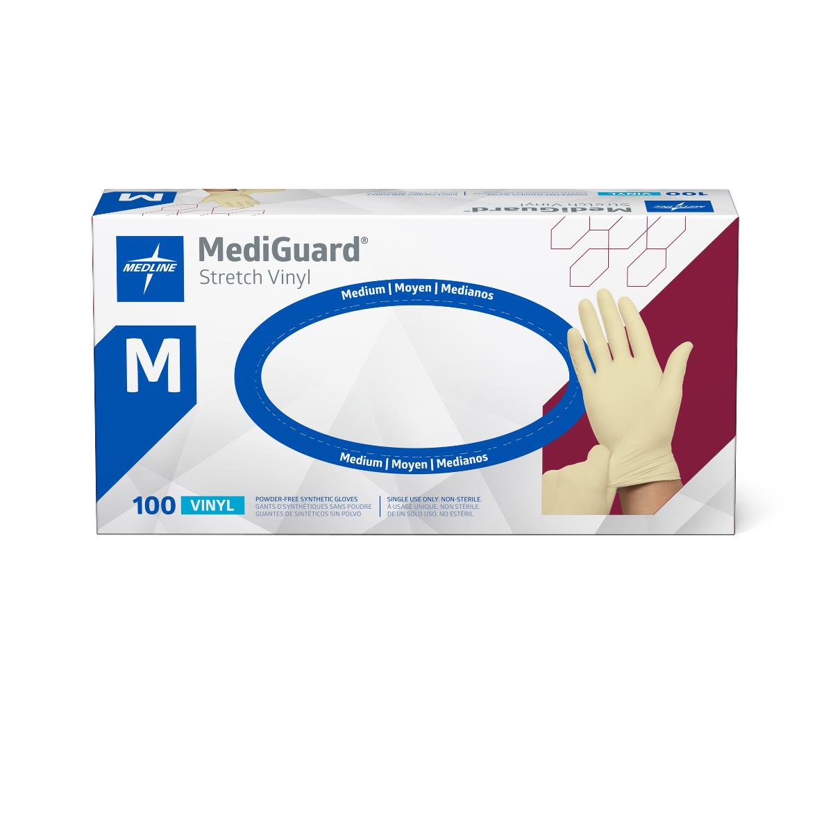 Disposable vinyl exam gloves box, medium size, 100-count, powder-free, shown with cream-colored glove on hand