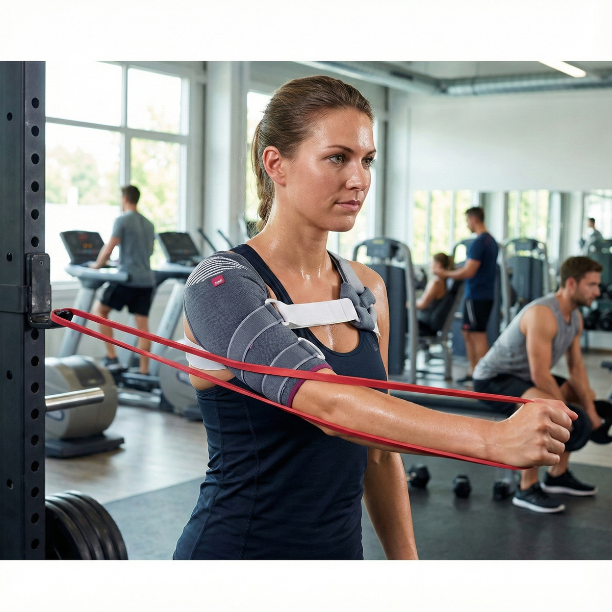 Shoulder support brace worn by woman doing resistance band exercises in a gym, featuring gray knit fabric and white