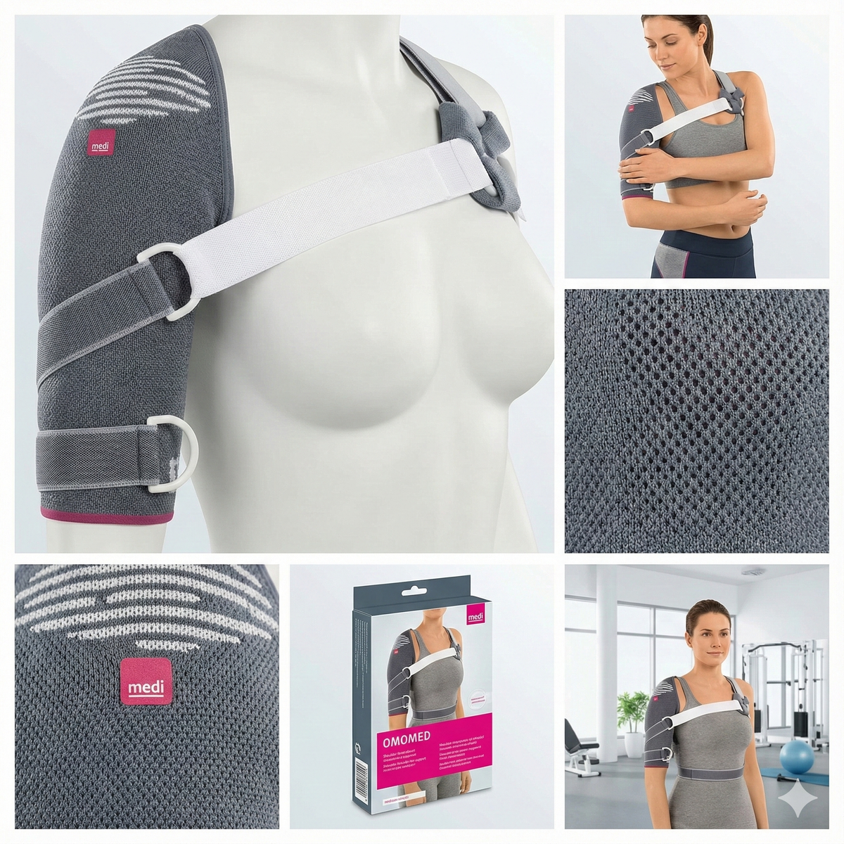 Medi Omomed shoulder support brace shown on mannequin and worn by women, with fabric close-up and retail packaging