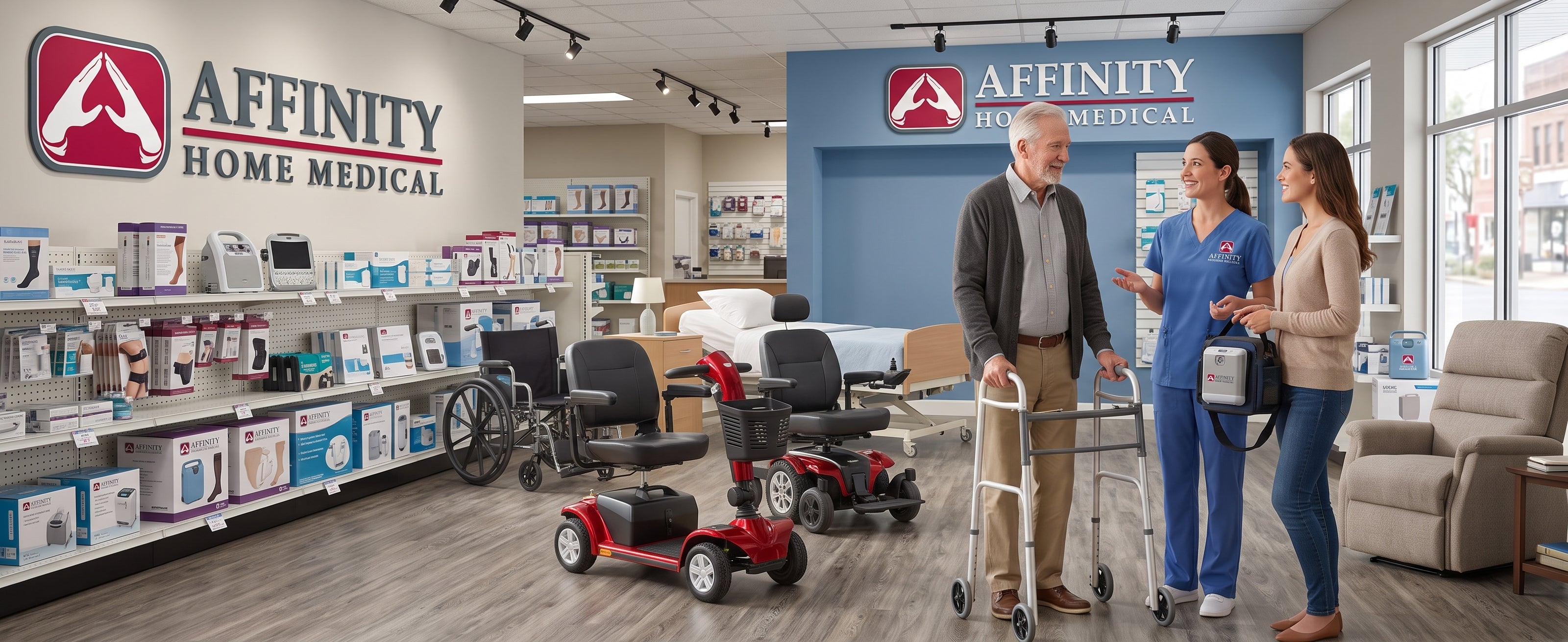 A lifestyle scene inside an Affinity Home Medical retail store, showing a senior man, a nurse, and a customer discussing mobility devices, including a red power wheelchair and a motorized scooter, with the store's branding visible on the walls.