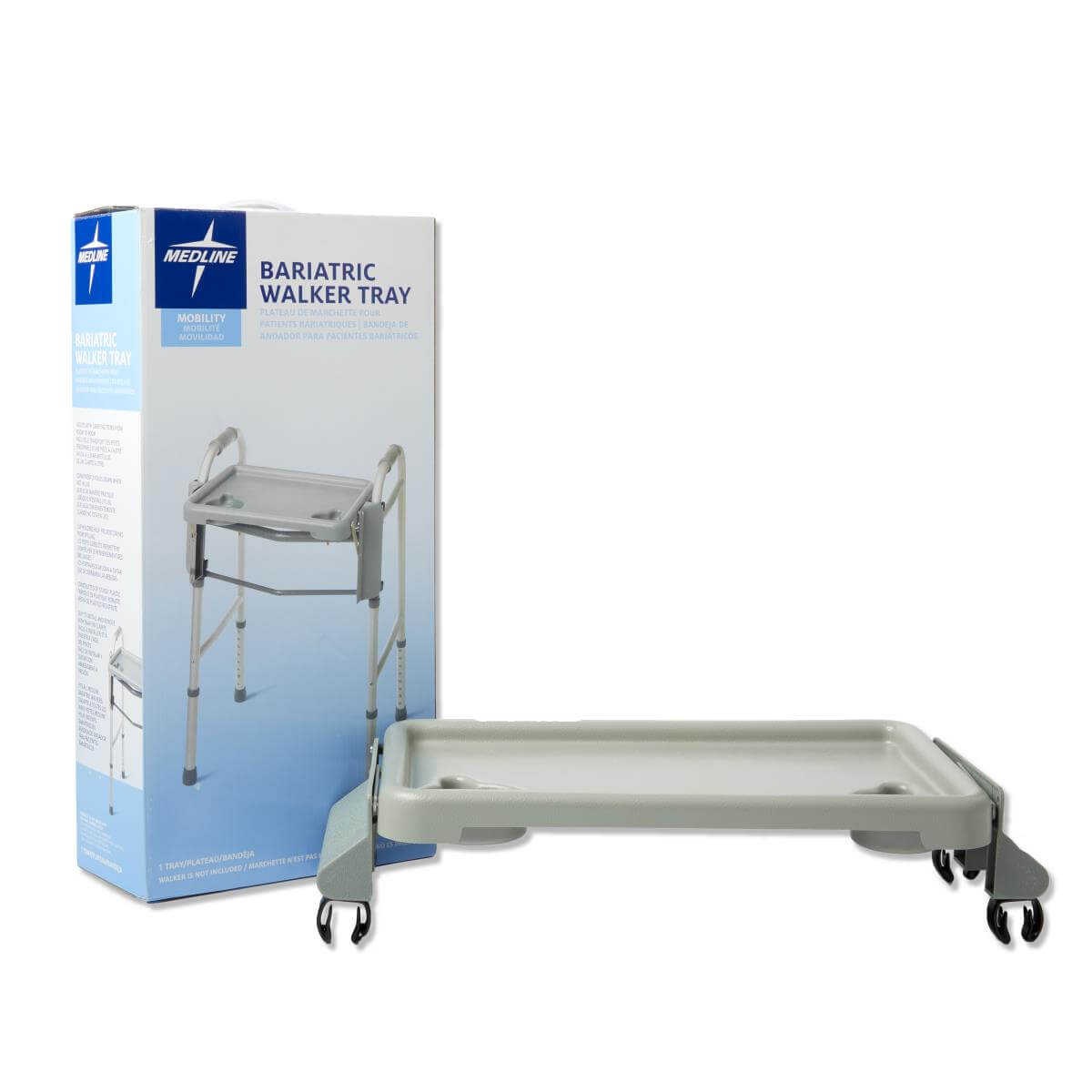 Bariatric walker tray with clamp attachments beside its retail box, shown in gray plastic with raised edges