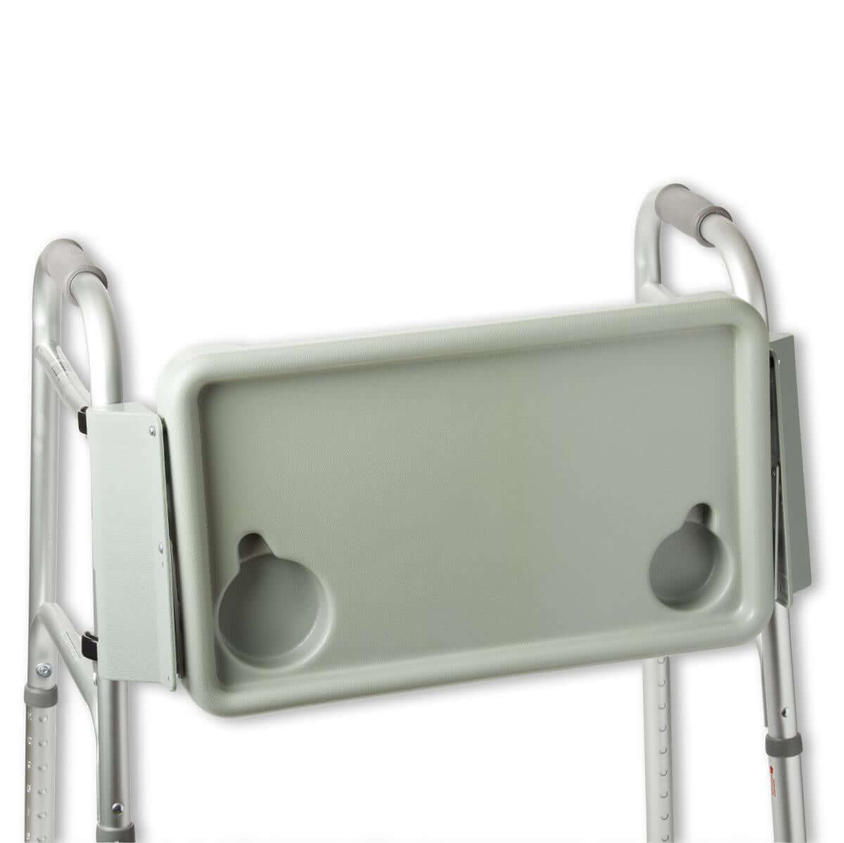 Walker tray with two cup holders attached to a folding aluminum walker frame, shown in gray plastic