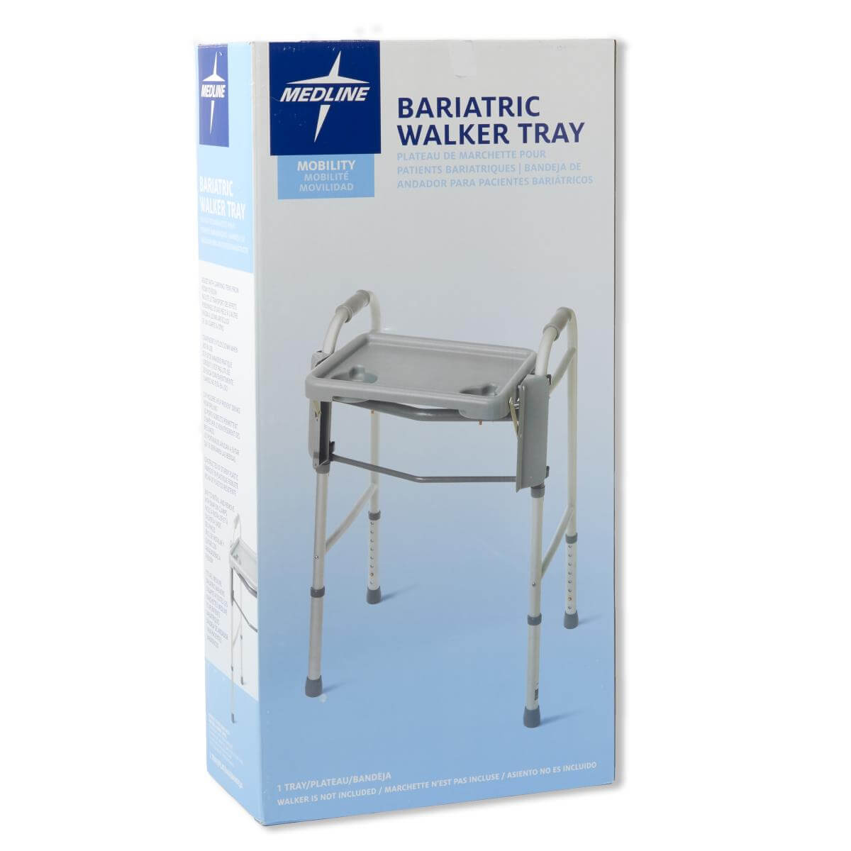 Medline Bariatric Walker Tray in light blue retail box showing gray tray attached to a standard walker frame