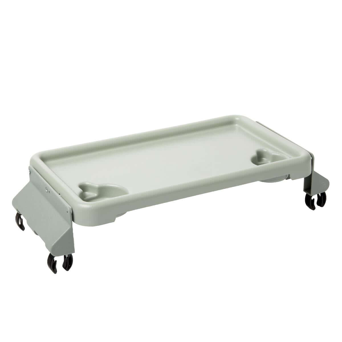 Bariatric walker tray in light gray plastic with raised edges, two cup holders, and four locking caster wheels