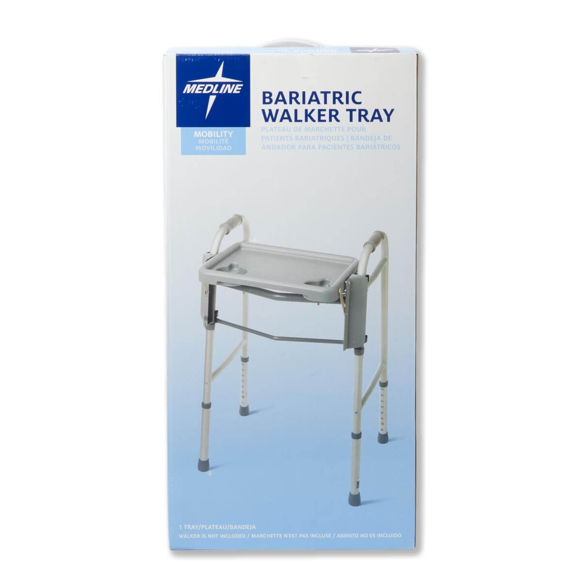 Bariatric walker tray shown in packaging box with product illustration of gray tray attached to a folding walker