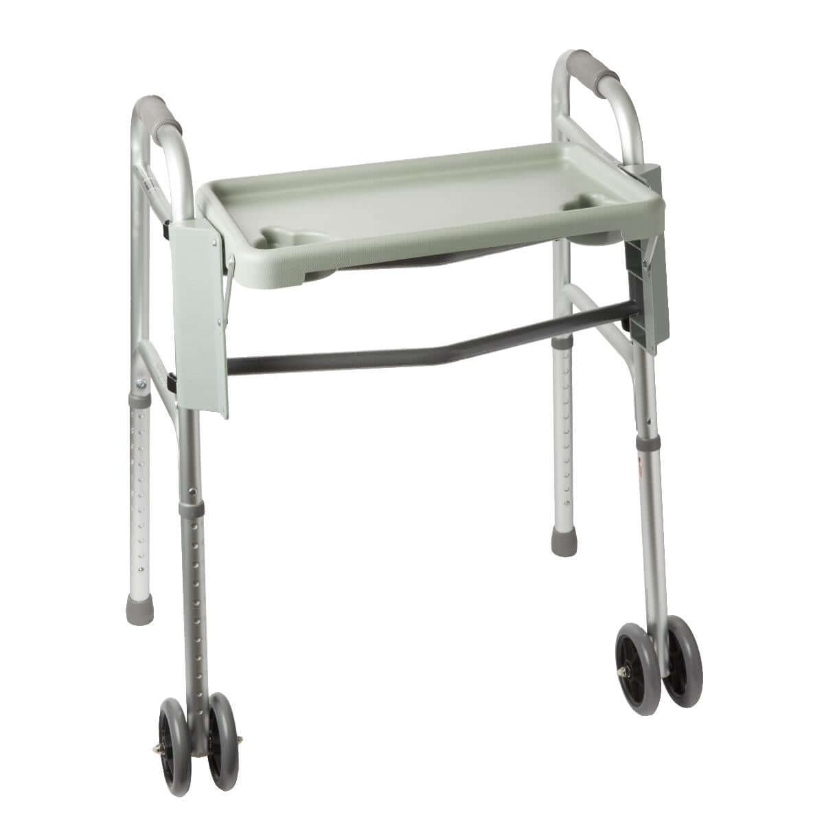 Walker tray in light green plastic with cup holders, attached to a silver folding walker with front wheels