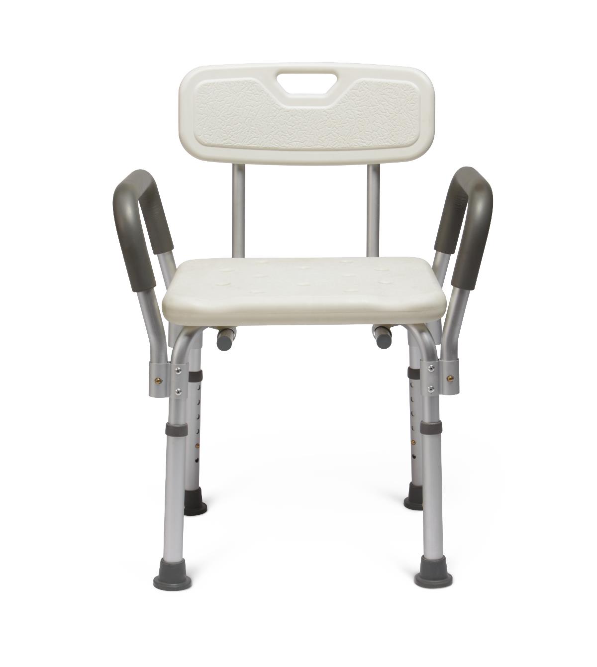 Shower chair with padded armrests, backrest with carry handle, white plastic seat, and adjustable aluminum legs with