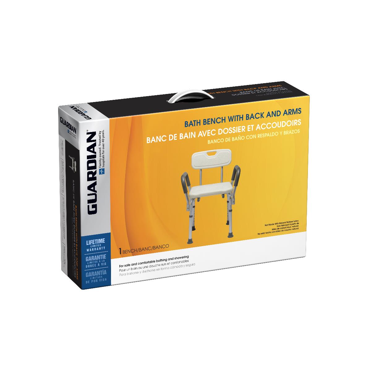 Bath bench with back and arms in Guardian-branded retail packaging with yellow and black design, shown on white background