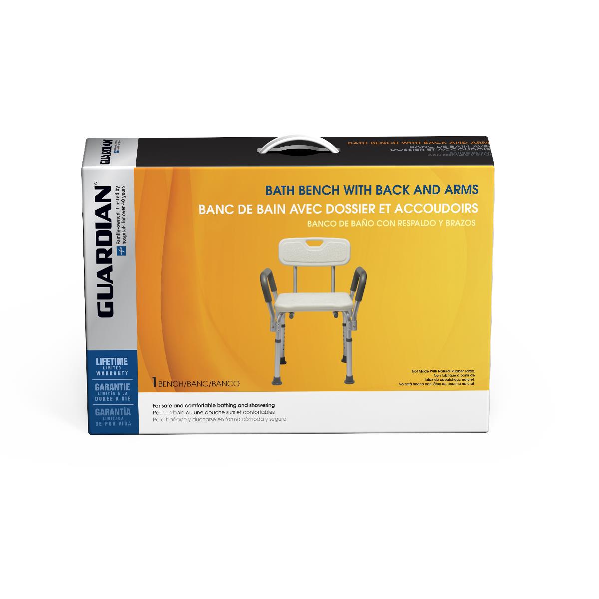 Bath bench with back and arms in Guardian branded yellow and black retail packaging showing product illustration