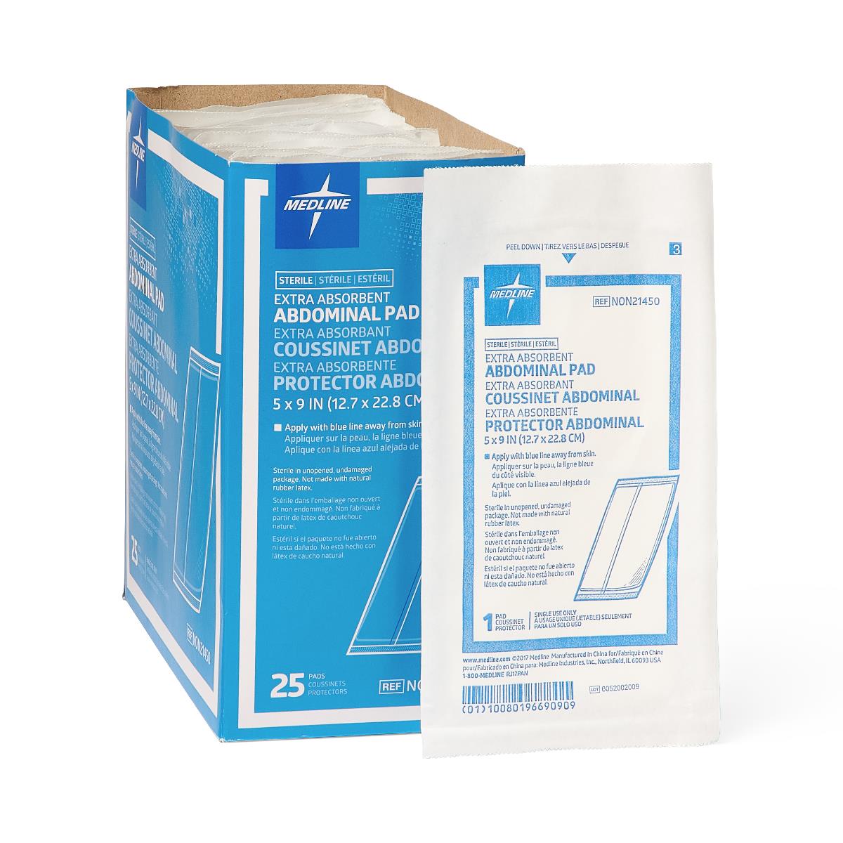 Abdominal pad box of 25 sterile individually wrapped pads beside an open blue and white packaging box