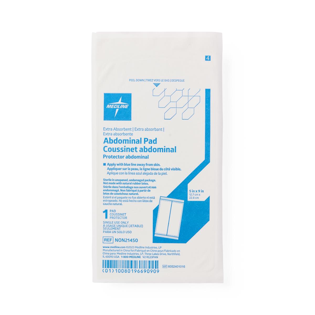 Sterile abdominal pad in white and blue Medline packaging, single-use, extra absorbent wound dressing