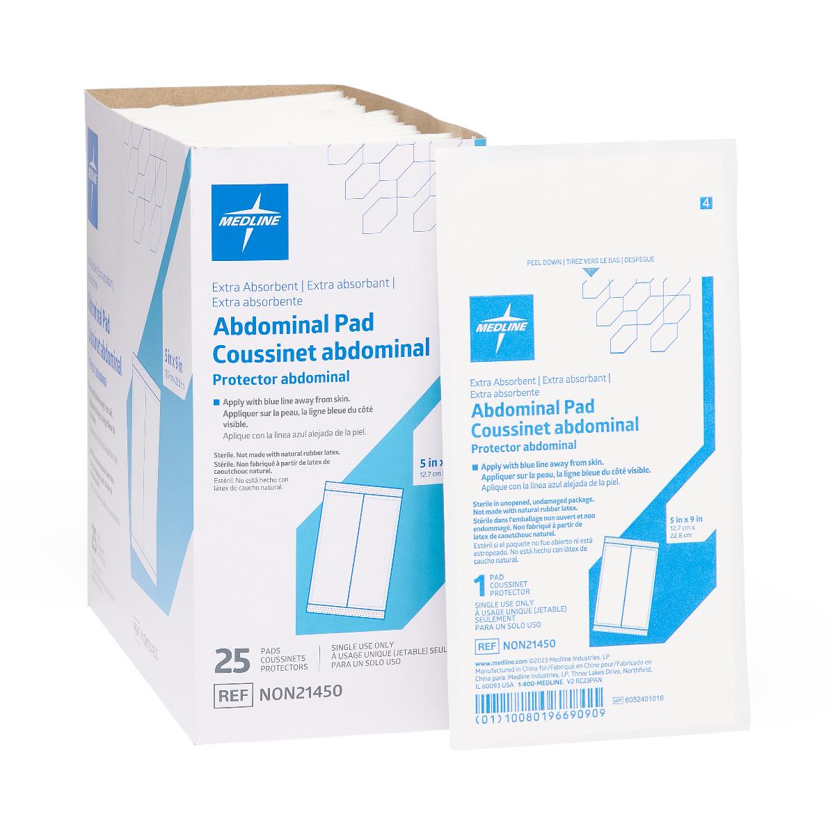 Abdominal pad box of 25 by Medline beside a single sterile individually wrapped pad, white and blue packaging