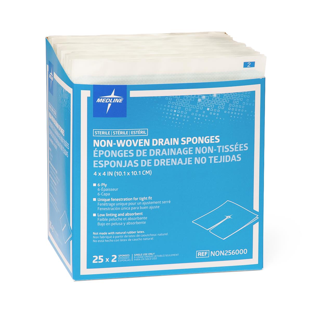 Non-woven drain sponges box with blue packaging, labeled sterile, 6-ply, 4x4 inch, containing 25 packs of 2 sponges