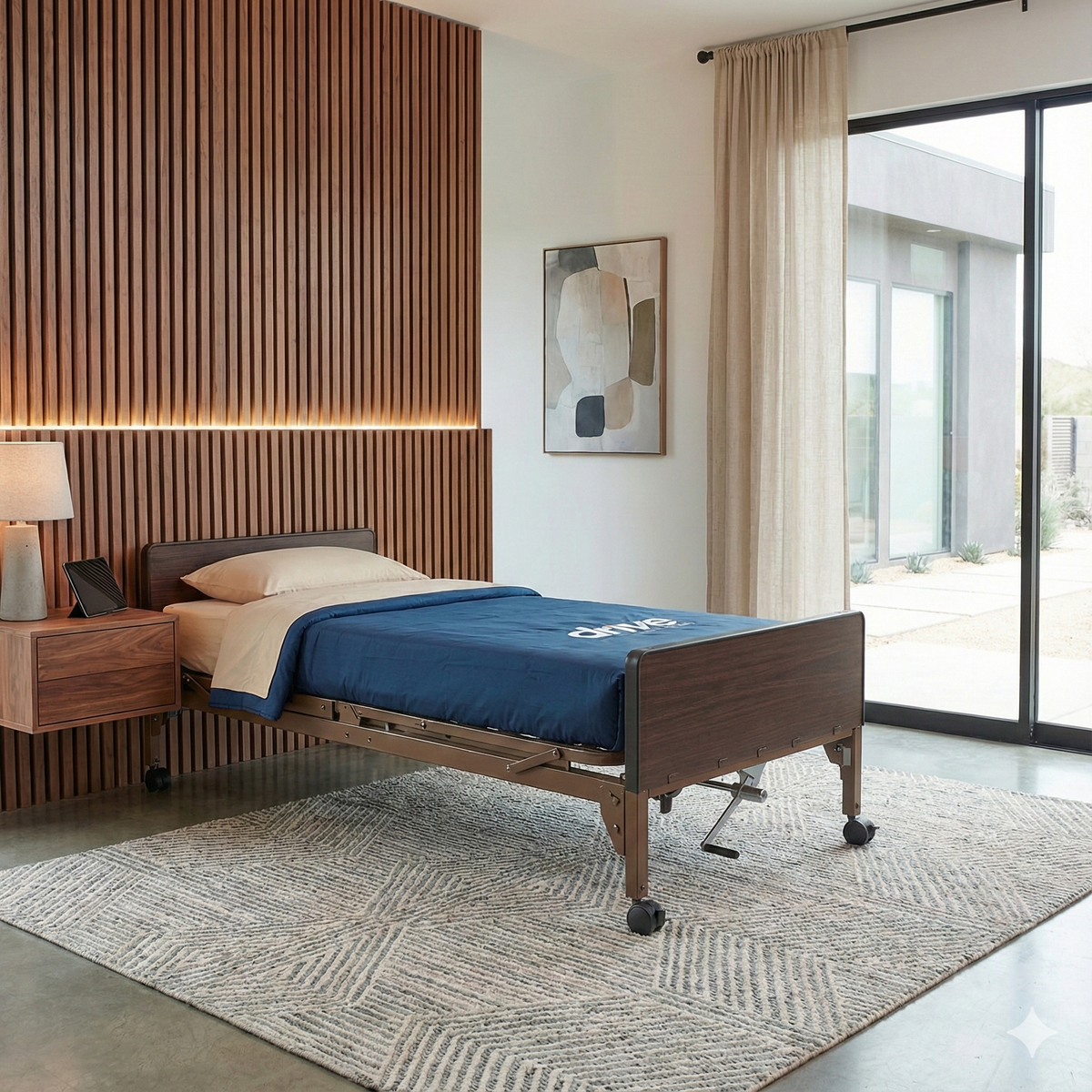 Full electric hospital bed with wood-tone side rails, blue mattress, and tan bedding, styled in a modern home bedroom setting