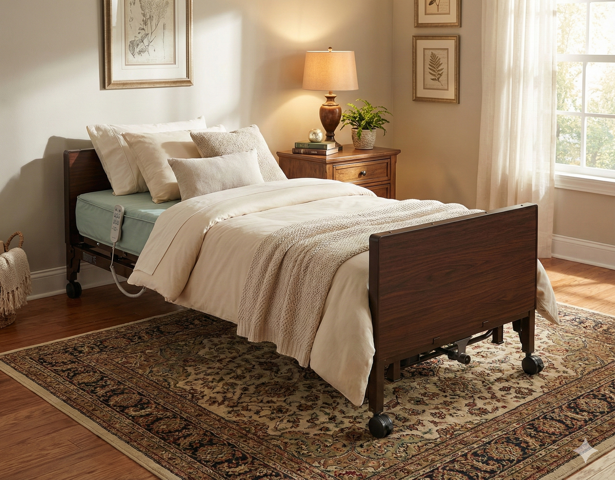 Full electric hospital bed with dark wood panels and casters, styled with neutral bedding in a warm home bedroom setting