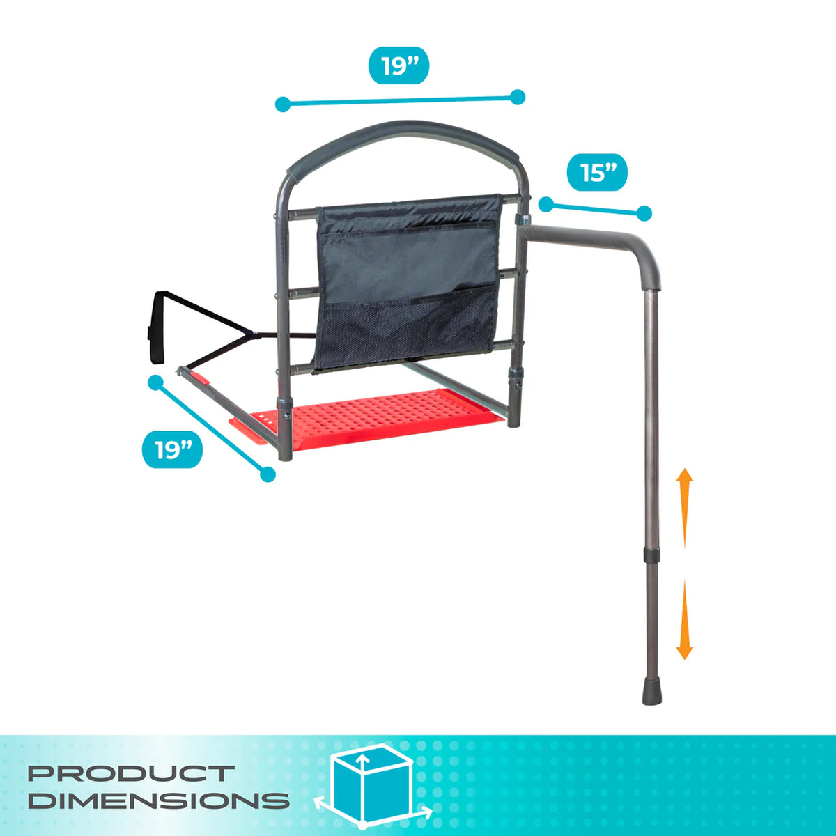 Bed rail with adjustable support leg, mesh storage pocket, red base plate, and dimension labels showing 19" width and 15"