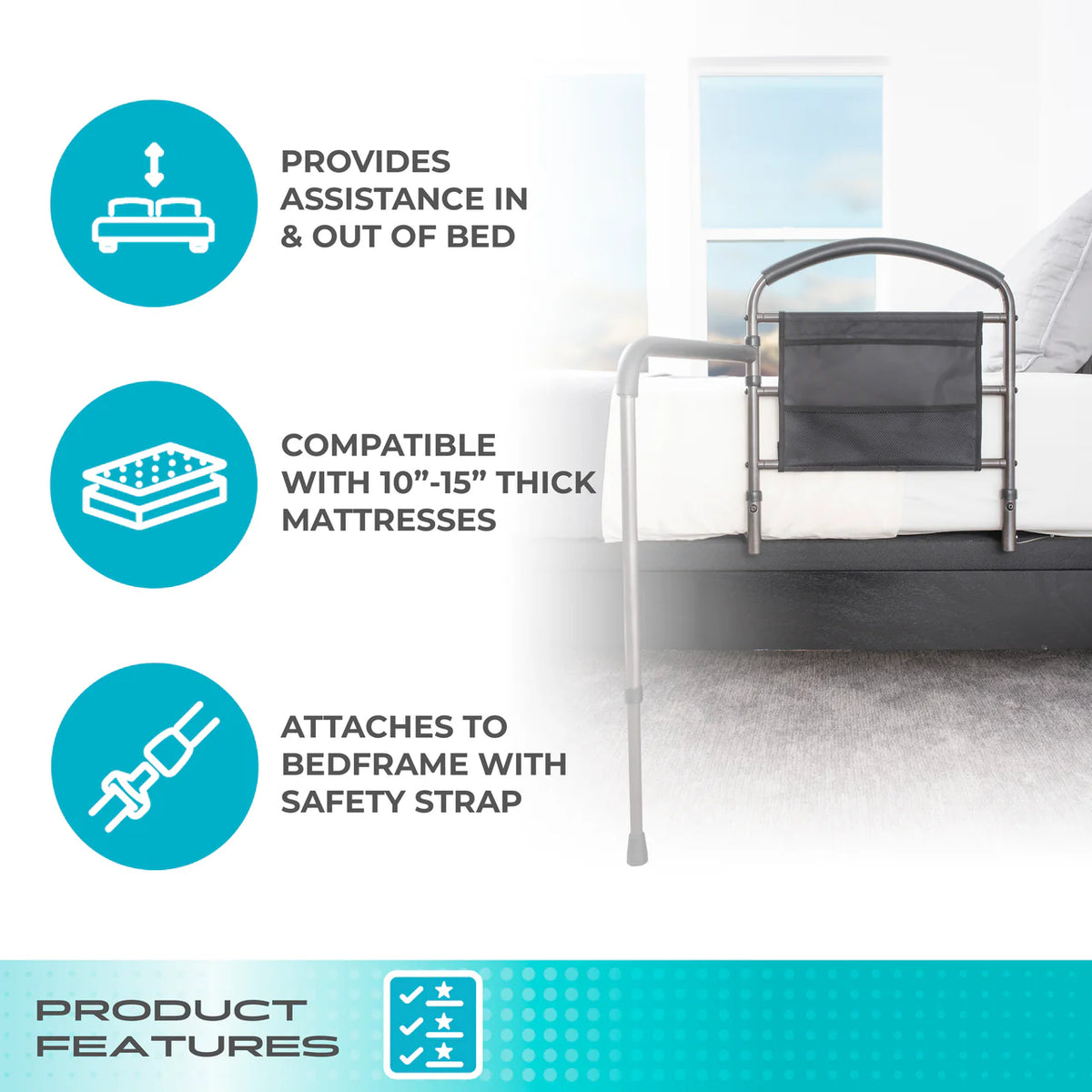 Mobility bed rail with black storage pouch mounted on white bed, shown with feature callout icons listing key product