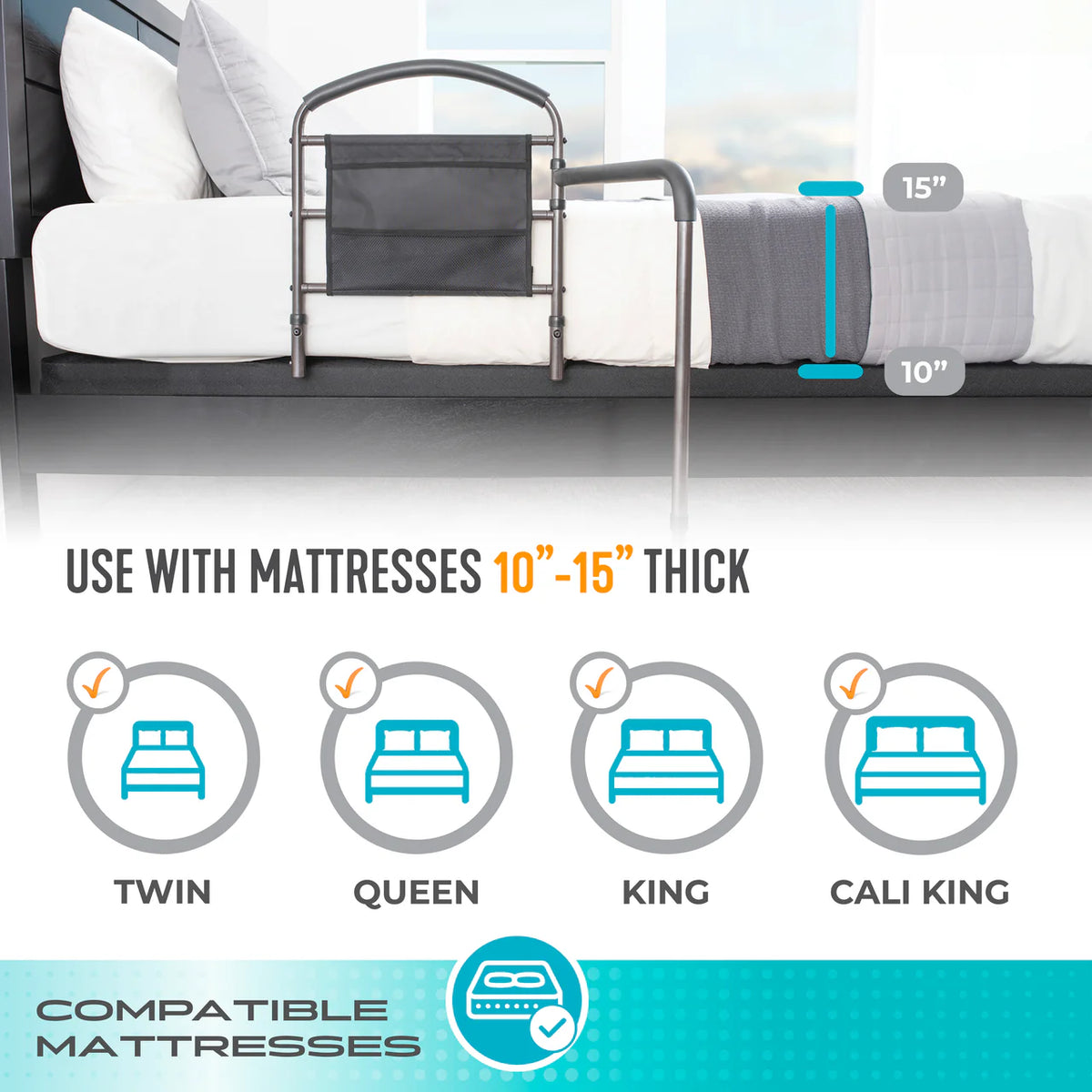 Mobility bed rail with gray metal frame and fabric pocket shown on bed, with compatibility icons for twin, queen, king, and