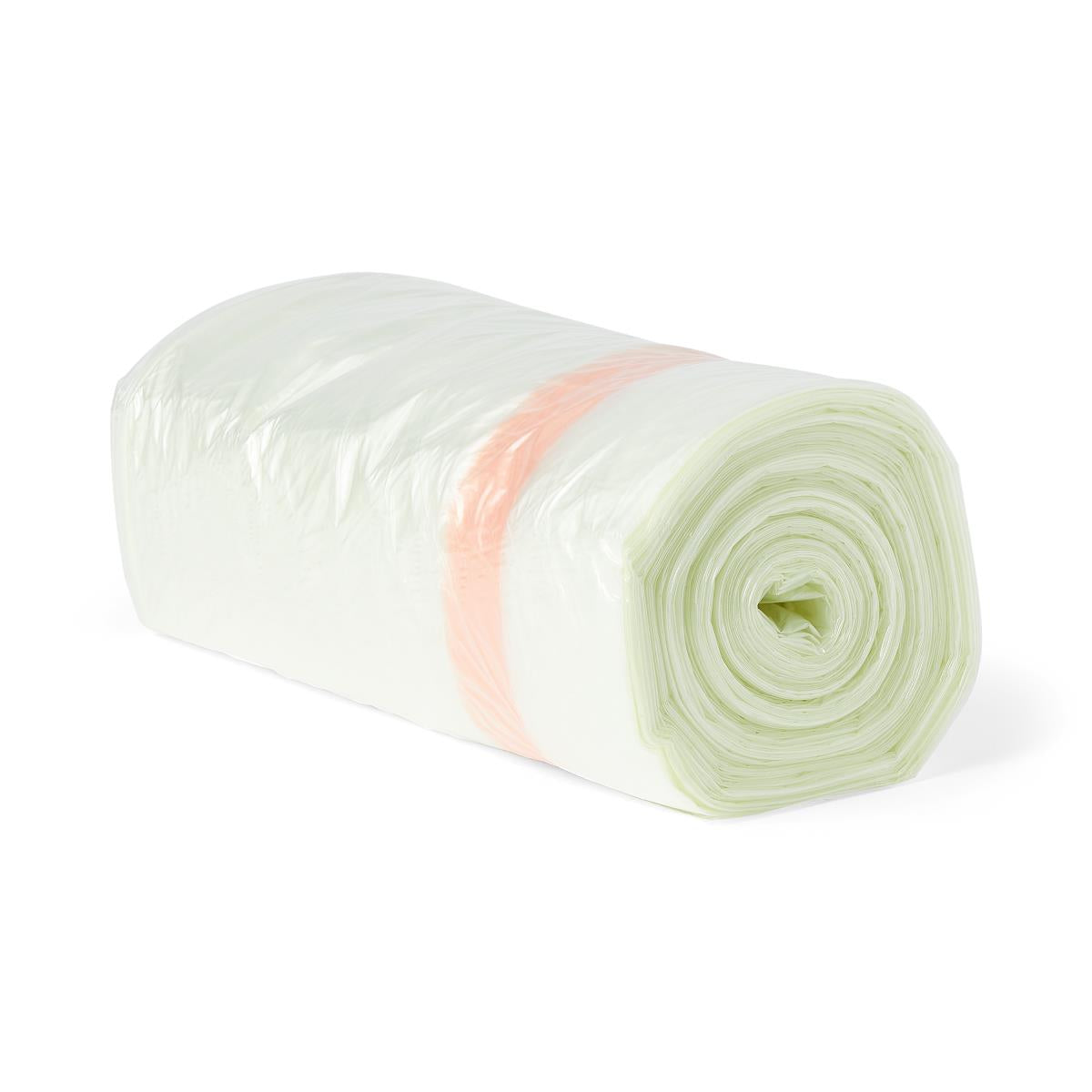 Roll of water soluble bags wrapped in clear plastic with a pink band, showing light green tinted bag material on white
