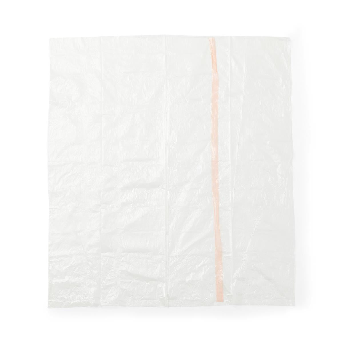 Flat white water soluble laundry bag with a peach-colored heat seal strip, shown unfolded against white background