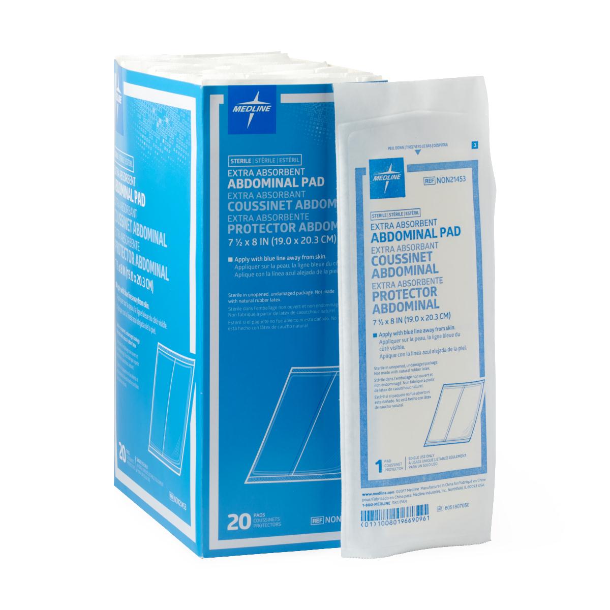 Medline sterile extra absorbent abdominal pad box of 20 with one individually wrapped pad displayed beside it