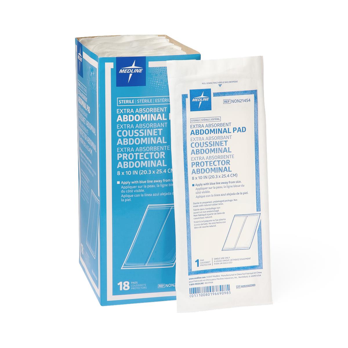 Sterile abdominal pad box of 18 with one individually packaged pad displayed in front, blue and white packaging