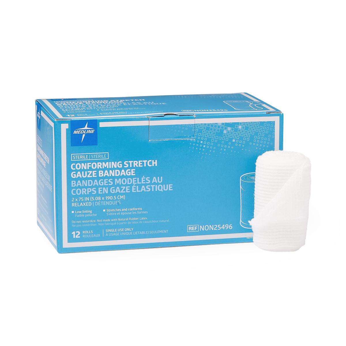 Conforming stretch gauze bandage rolls in blue box of 12, with one white rolled bandage displayed beside the box