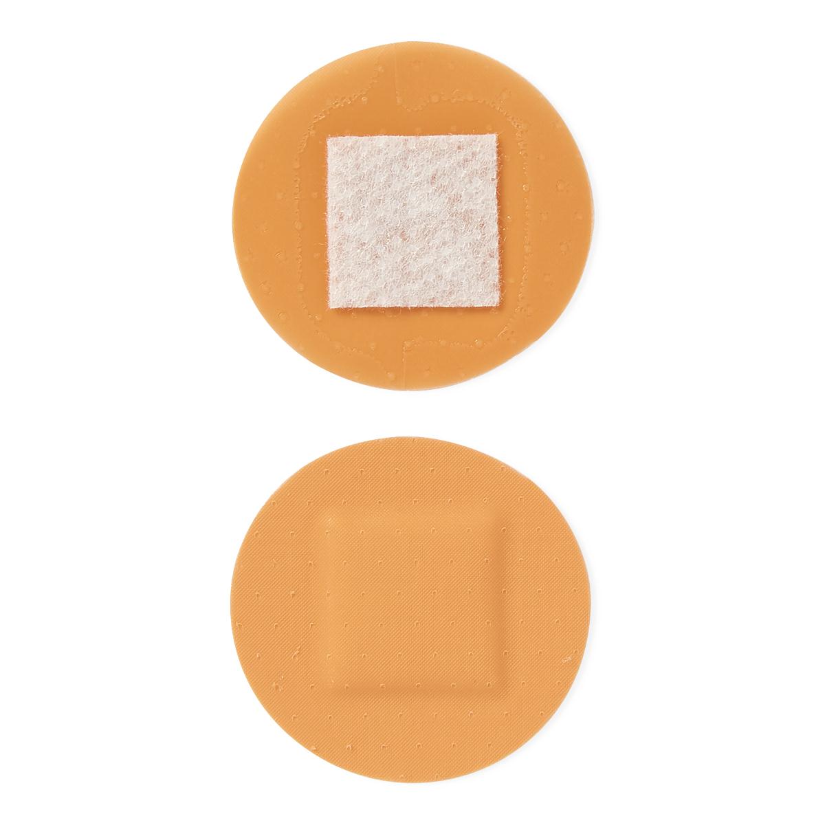 Round adhesive bandage spot shown from front and back, tan plastic fabric with square absorbent pad center