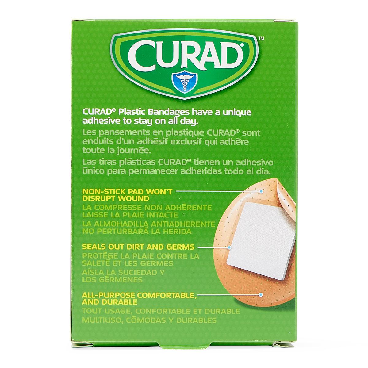 Curad plastic adhesive bandage box, green packaging showing bandage detail with non-stick pad callouts in English, French