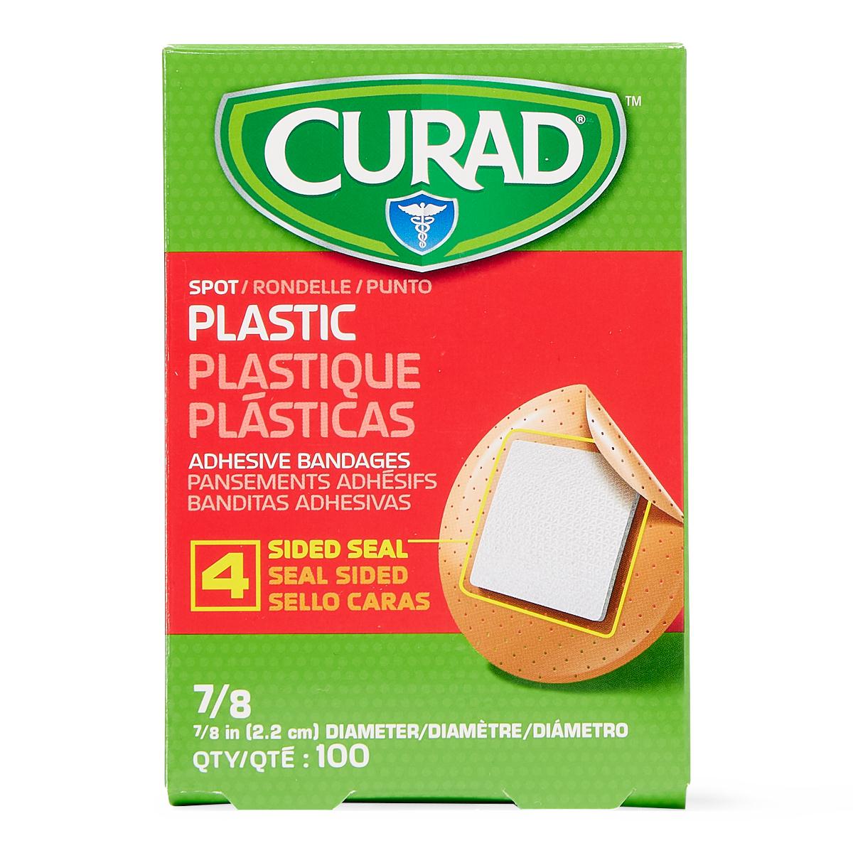 Curad plastic spot adhesive bandages, green and red box of 100 count, 7/8 inch diameter with 4-sided seal illustration
