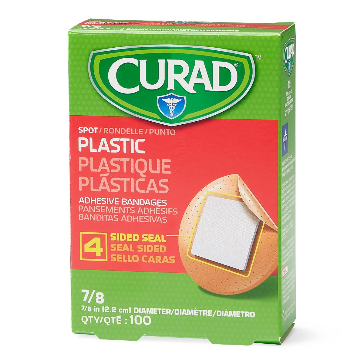 Curad plastic spot adhesive bandages box, green and red packaging, 7/8 inch diameter, 100 count, with bandage image shown