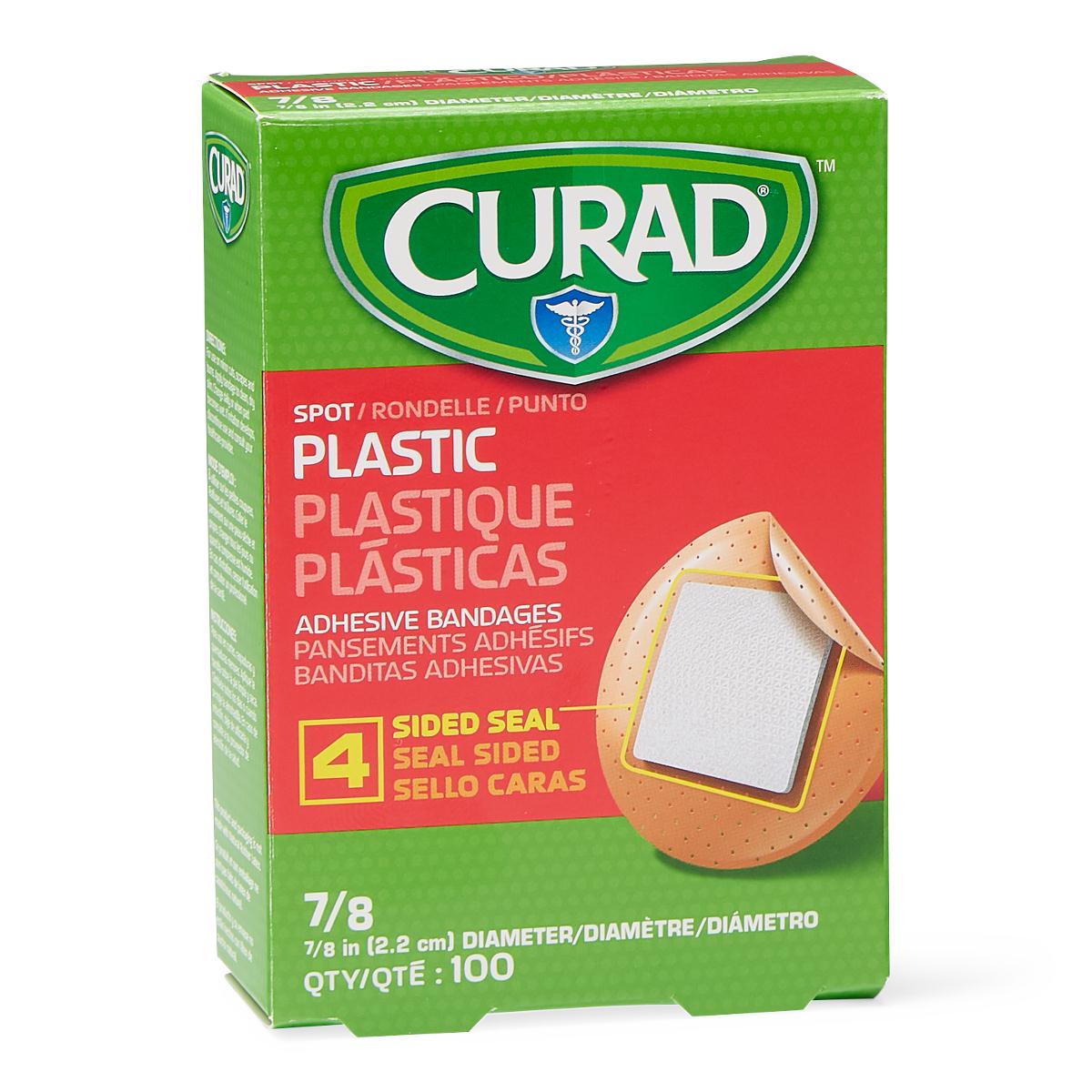 Curad plastic spot adhesive bandages box, green and red packaging, 100 count, showing round bandage with 4-sided seal pad