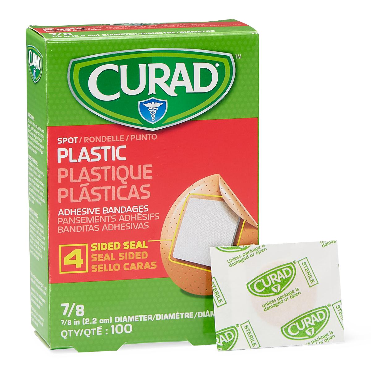 Curad plastic spot adhesive bandages, green and red box of 100 with a single wrapped bandage shown beside it