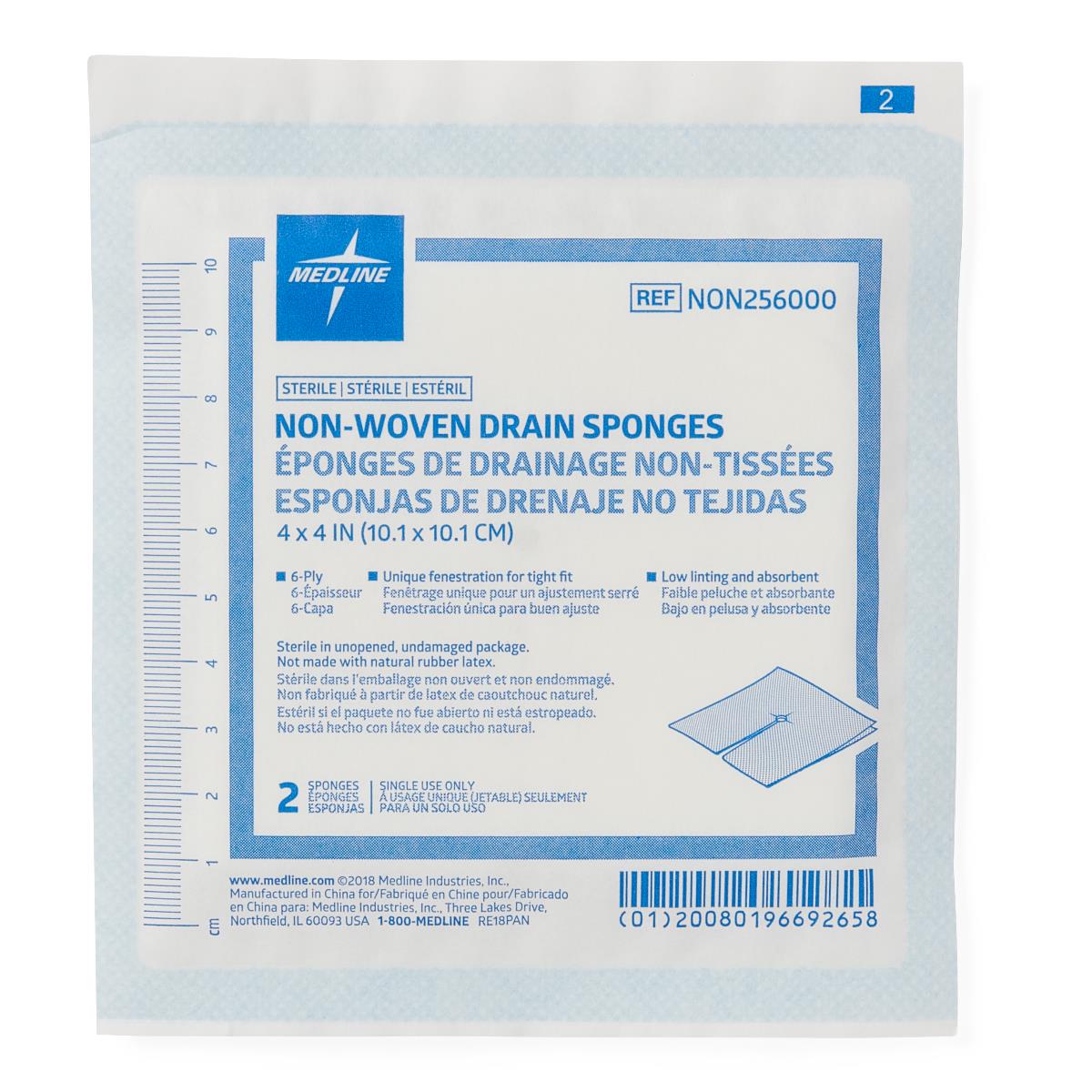 Sterile non-woven drain sponges in sealed packaging with blue and white label showing product details and measurement ruler