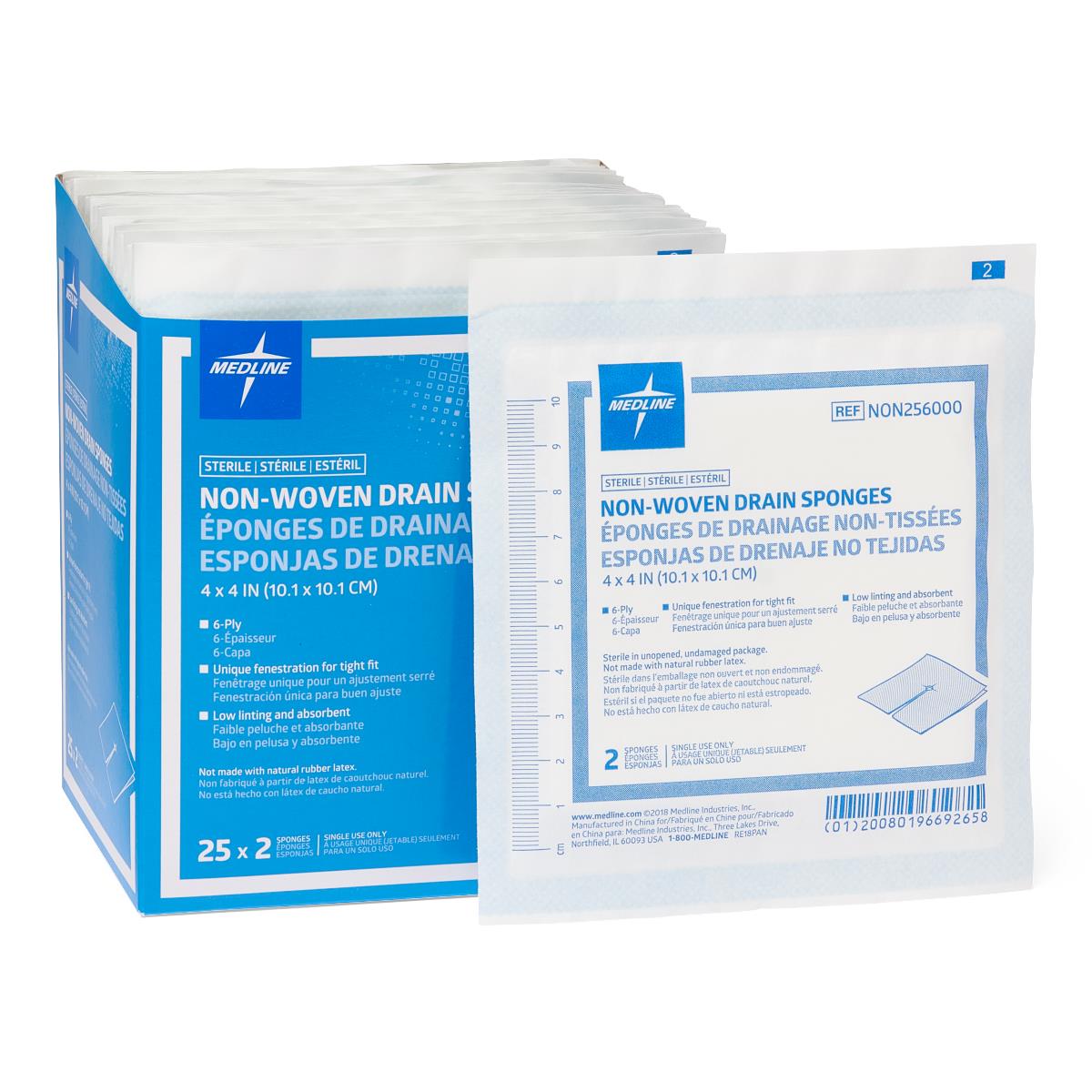 Medline sterile non-woven drain sponges box with individual sterile packets displayed in front, white and blue packaging